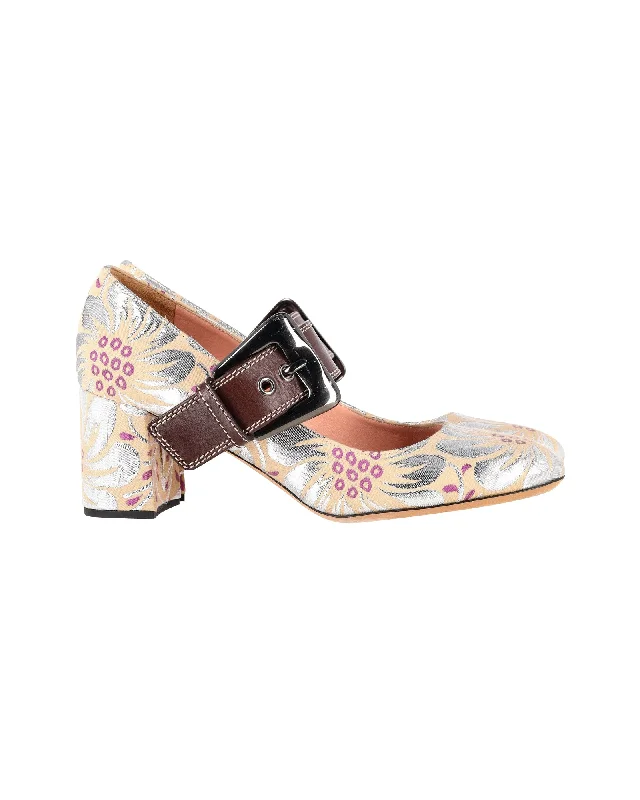 Women's office - appropriate stiletto heel pumps with a low - heel optionRochas Floral Brocade Mary Jane Pumps in Multicolor Silk Women's office - appropriate stiletto heel pumps with a low - heel optionRochas Floral Brocade Mary Jane Pumps in Multicolor Silk