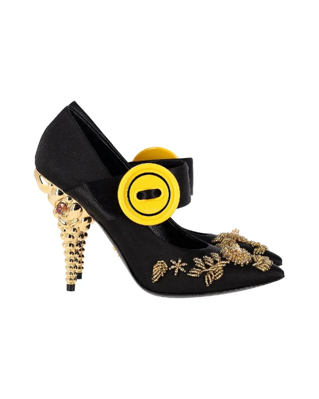 Women's royal blue stiletto heel pumps for a formal eventPrada Embellished Gold And Crystal Heel Pumps in Black Satin Women's royal blue stiletto heel pumps for a formal eventPrada Embellished Gold And Crystal Heel Pumps in Black Satin