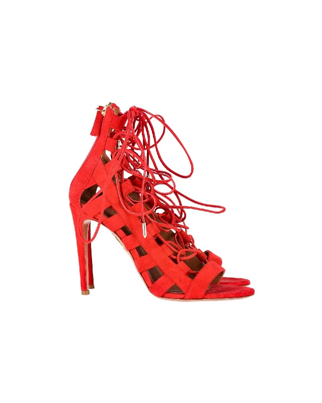 Women's burgundy stiletto heel pumps for a sophisticated appearanceAquazzura Amazon Strappy Heels in Red Suede Women's burgundy stiletto heel pumps for a sophisticated appearanceAquazzura Amazon Strappy Heels in Red Suede