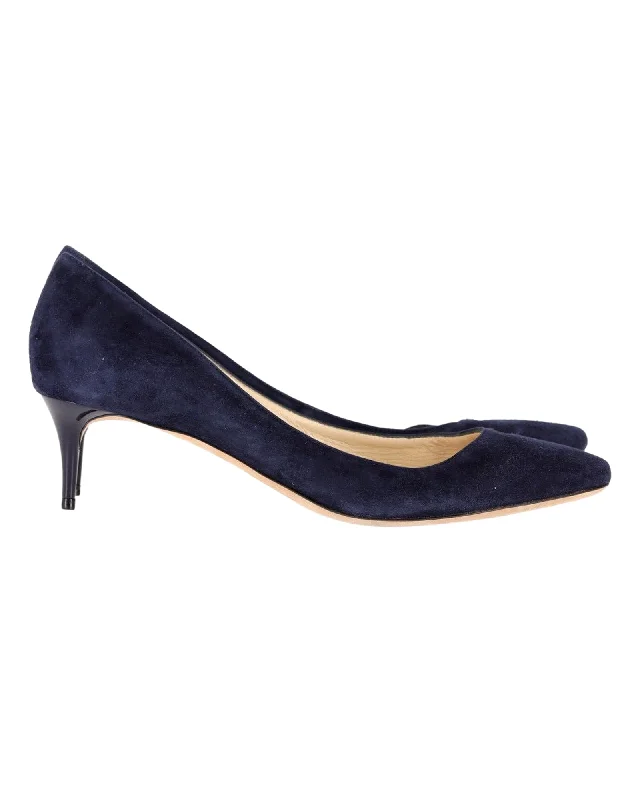 Women's cocktail party stiletto heel pumps with a unique patternJimmy Choo Mid Heel Pumps in Navy Blue Suede Women's cocktail party stiletto heel pumps with a unique patternJimmy Choo Mid Heel Pumps in Navy Blue Suede