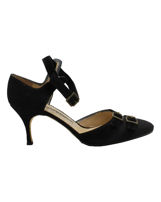 Women's red - carpet stiletto heel pumps for a glamorous eventManolo Blahnik Slingback Mid Heel Sandals in Black Suede Women's red - carpet stiletto heel pumps for a glamorous eventManolo Blahnik Slingback Mid Heel Sandals in Black Suede