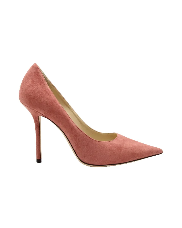 Women's cocktail party stiletto heel pumps with a unique patternJimmy Choo Love Pumps in Pink Suede Women's cocktail party stiletto heel pumps with a unique patternJimmy Choo Love Pumps in Pink Suede