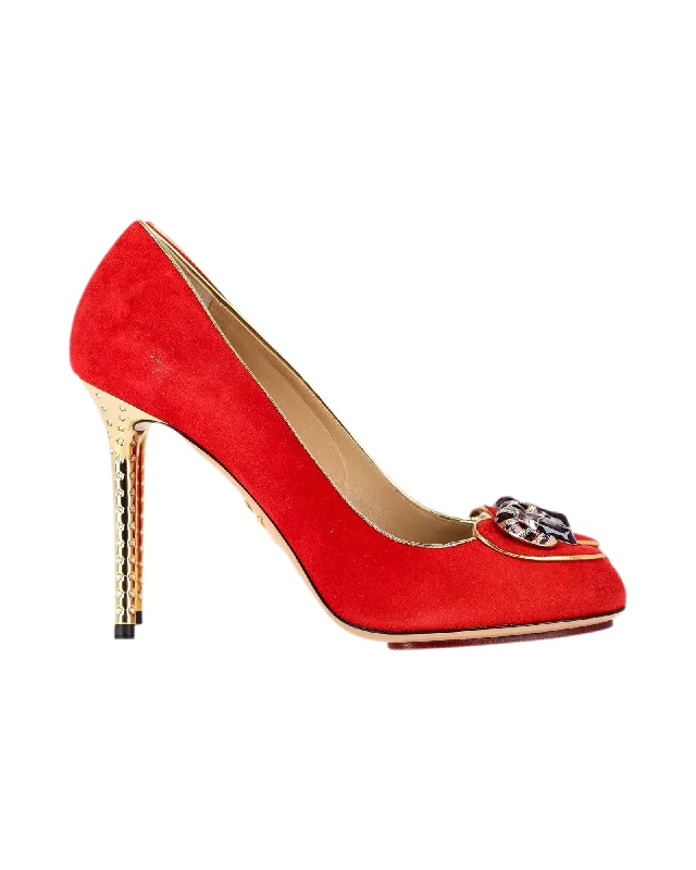 Women's wide - width stiletto heel pumps for a comfortable fitCharlotte Olympia Aries Cosima Pumps in Red Suede Women's wide - width stiletto heel pumps for a comfortable fitCharlotte Olympia Aries Cosima Pumps in Red Suede