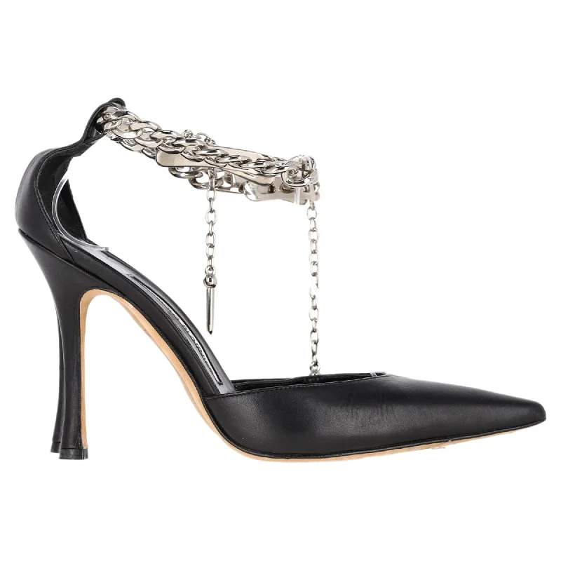 Women's charcoal gray stiletto heel pumps for a neutral yet stylish optionManolo Blahnik Ankle Strap Taislao Pumps in Black Leather Women's charcoal gray stiletto heel pumps for a neutral yet stylish optionManolo Blahnik Ankle Strap Taislao Pumps in Black Leather