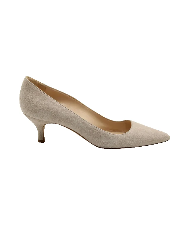 Women's platform stiletto heel pumps with a chunky soleManolo Blahnik Kitten Heel Pumps in Grey Suede Women's platform stiletto heel pumps with a chunky soleManolo Blahnik Kitten Heel Pumps in Grey Suede