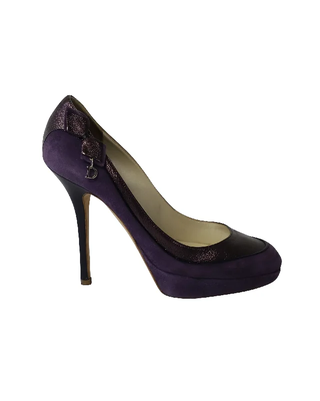 Women's mule - style stiletto heel pumps with a bow accentDior High Heel Metallic Pumps in Purple Suede Women's mule - style stiletto heel pumps with a bow accentDior High Heel Metallic Pumps in Purple Suede
