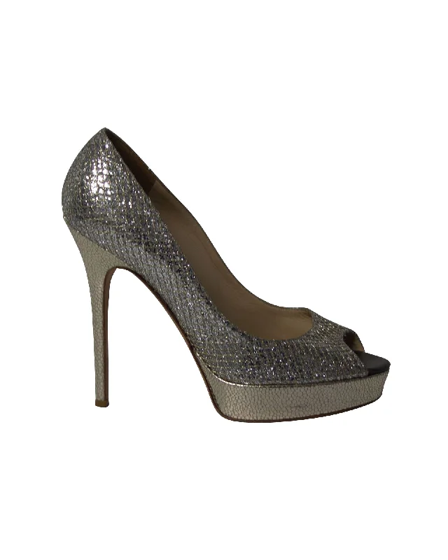 Women's prom stiletto heel pumps in a shimmery fabricJimmy Choo Dahlia Platform Peep Toe Pumps in Silver Glitter Women's prom stiletto heel pumps in a shimmery fabricJimmy Choo Dahlia Platform Peep Toe Pumps in Silver Glitter