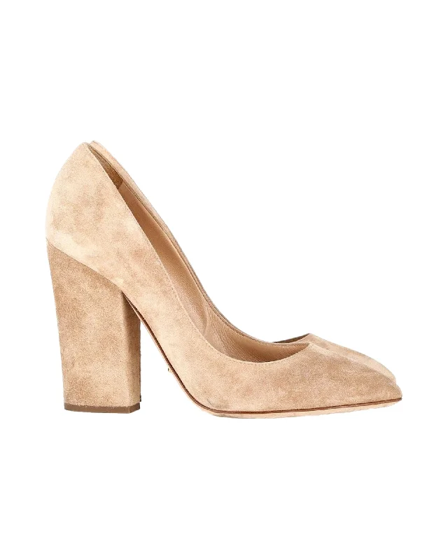Women's metallic leather stiletto heel pumps with a reflective surfaceSergio Rossi Scarlett Block-Heel Pumps in Beige Suede Women's metallic leather stiletto heel pumps with a reflective surfaceSergio Rossi Scarlett Block-Heel Pumps in Beige Suede