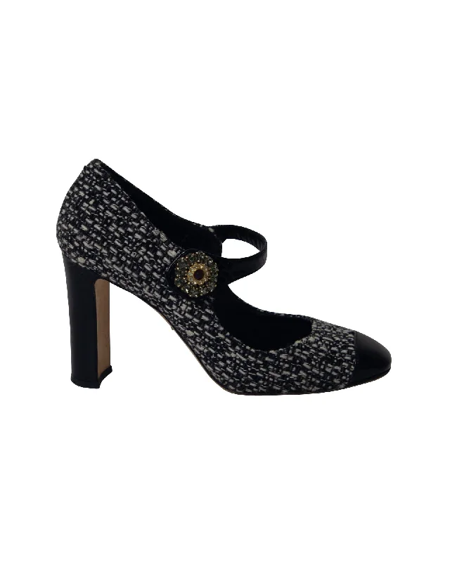Women's wedding stiletto heel pumps with a pearl - encrusted strapDolce & Gabbana Tweed Mary Jane Court Shoes in Black Cotton Women's wedding stiletto heel pumps with a pearl - encrusted strapDolce & Gabbana Tweed Mary Jane Court Shoes in Black Cotton