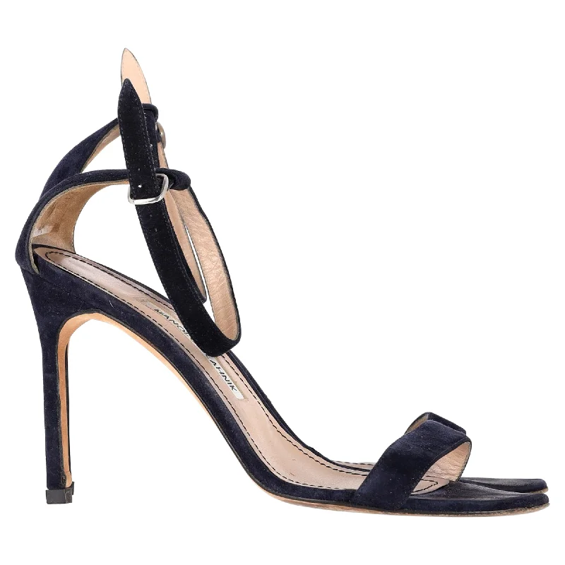 Women's business meeting stiletto heel pumps with a professional lookManolo Blahnik Chaos Ankle Strap Sandals in Navy Blue Suede Women's business meeting stiletto heel pumps with a professional lookManolo Blahnik Chaos Ankle Strap Sandals in Navy Blue Suede