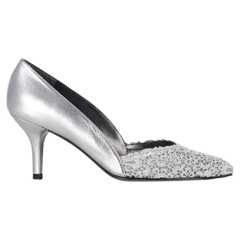 Women's non - slip stiletto heel pumps for safety on slippery floorsStuart Weitzman Chantelle Lace Toe Pumps in Silver Leather Women's non - slip stiletto heel pumps for safety on slippery floorsStuart Weitzman Chantelle Lace Toe Pumps in Silver Leather