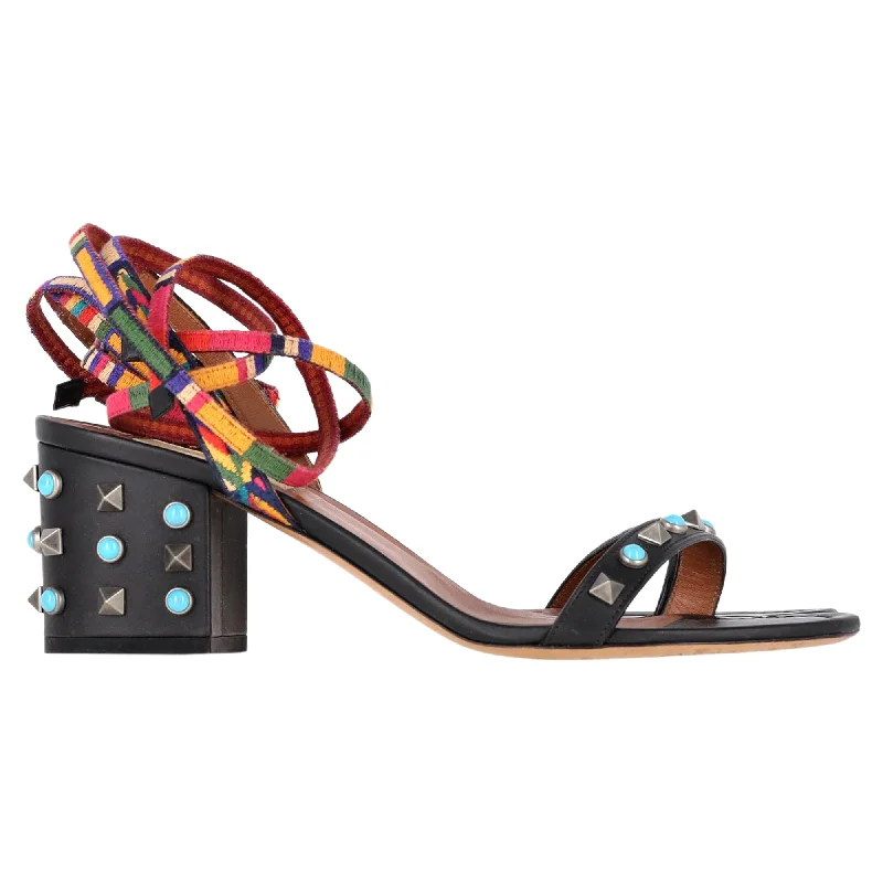 Women's adjustable - strap stiletto heel pumps for a customizable fitValentino Garavani Rockstud Tie-Strap Block Heels in Black Leather Women's adjustable - strap stiletto heel pumps for a customizable fitValentino Garavani Rockstud Tie-Strap Block Heels in Black Leather