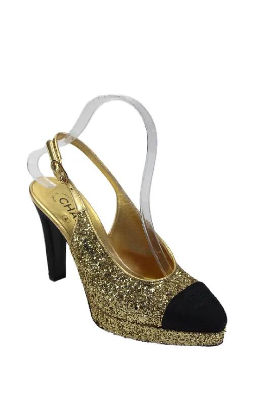 Women's metallic leather stiletto heel pumps with a reflective surfaceChanel Womens Platform CC Cap Toe Glitter Slingback Pumps Gold Tone Women's metallic leather stiletto heel pumps with a reflective surfaceChanel Womens Platform CC Cap Toe Glitter Slingback Pumps Gold Tone
