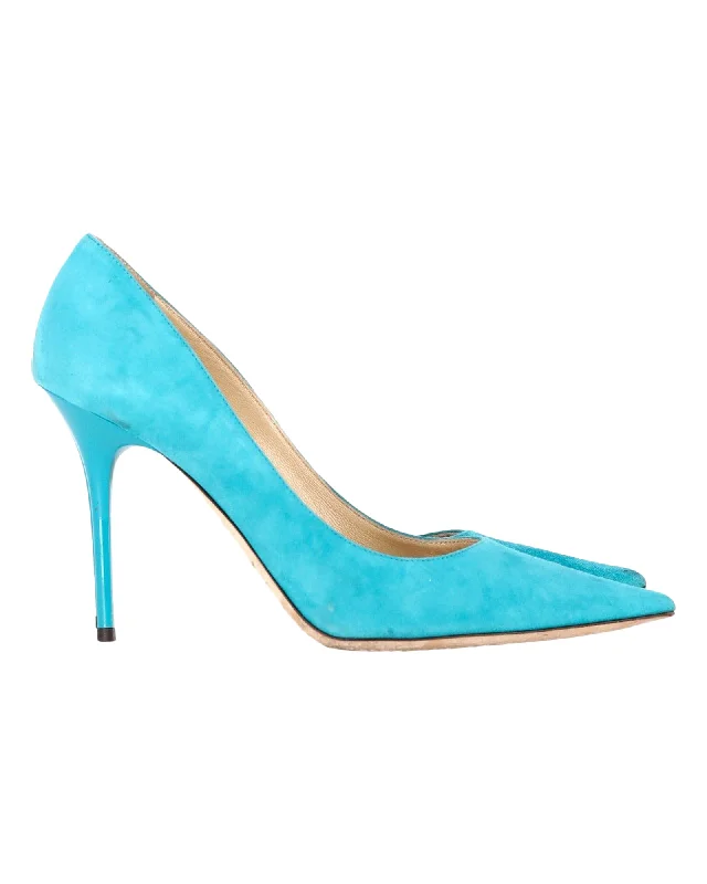Women's wedding stiletto heel pumps with a pearl - encrusted strapJimmy Choo Pointed-Toe Pumps in Blue Suede Women's wedding stiletto heel pumps with a pearl - encrusted strapJimmy Choo Pointed-Toe Pumps in Blue Suede