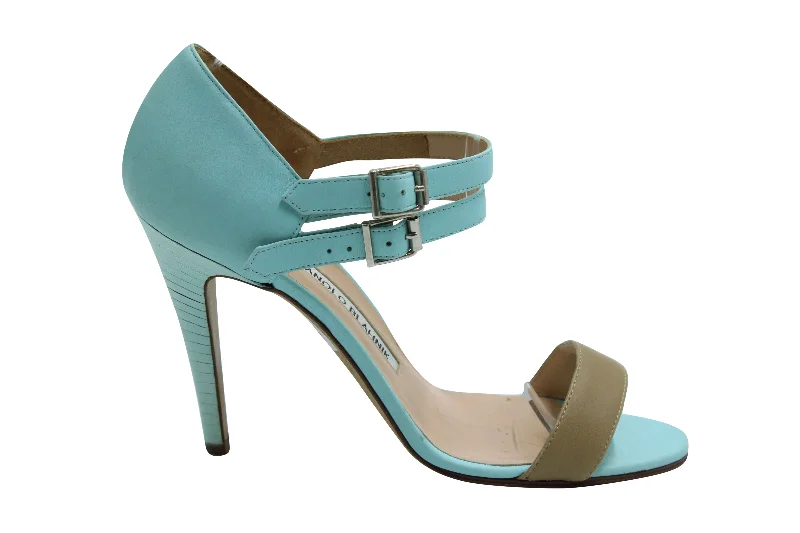 Women's genuine leather stiletto heel pumps with a soft finishManolo Blahnik Ankle Strap Heels in Blue Leather Women's genuine leather stiletto heel pumps with a soft finishManolo Blahnik Ankle Strap Heels in Blue Leather
