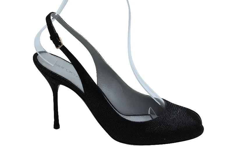 Women's faux suede stiletto heel pumps for a budget - friendly optionSergio Rossi Peep Toe Slingback Heels in Black Textured Leather Women's faux suede stiletto heel pumps for a budget - friendly optionSergio Rossi Peep Toe Slingback Heels in Black Textured Leather