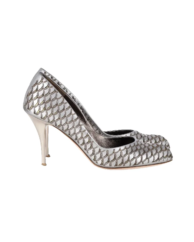 Women's cork - sole stiletto heel pumps for a natural touchSalvatore Ferragamo Cut-Out Round-Toe Pumps in Silver Leather Women's cork - sole stiletto heel pumps for a natural touchSalvatore Ferragamo Cut-Out Round-Toe Pumps in Silver Leather