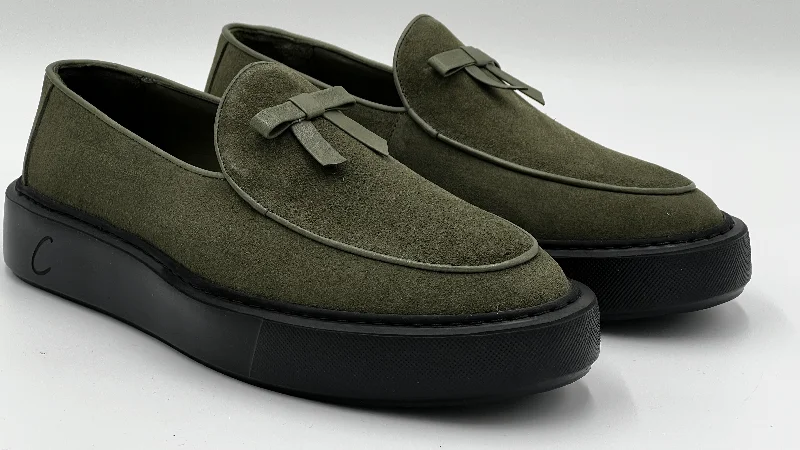 Women's Tassel - Trimmed Loafers with a Low Heel in Olive Green for a Trendy Twist Style: S8856-Green Women's Tassel - Trimmed Loafers with a Low Heel in Olive Green for a Trendy Twist Style: S8856-Green