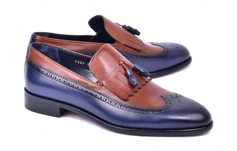 Women's Tassel - Trimmed Loafers with a Low Heel in Olive Green for a Trendy Twist Style: 7397-Navy/Brown Women's Tassel - Trimmed Loafers with a Low Heel in Olive Green for a Trendy Twist Style: 7397-Navy/Brown
