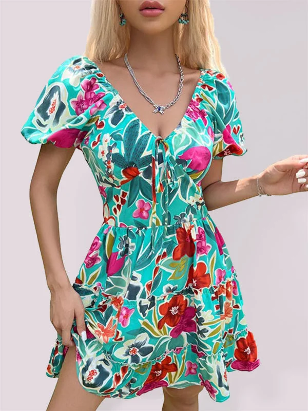 BerryBetty - Ruffled V-neck gathered tie-print dress