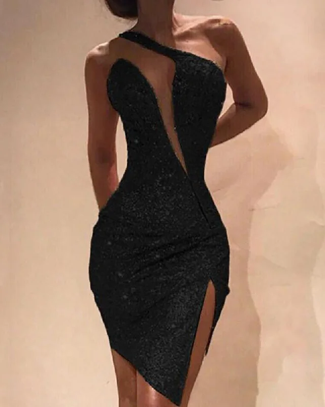 Amy Fashion - One Shoulder Cut Out Slit Bodycon Sequin Dress