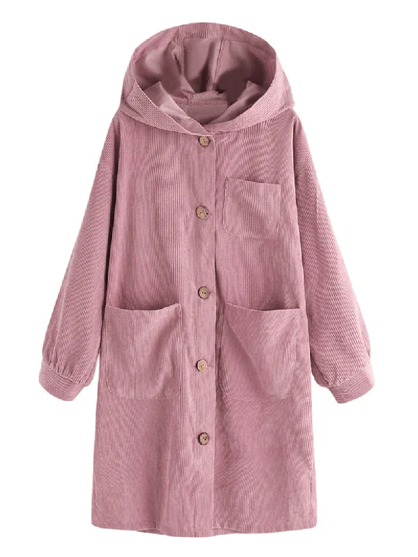 Women Long Sleeve Hooded Trench Corduroy Coats