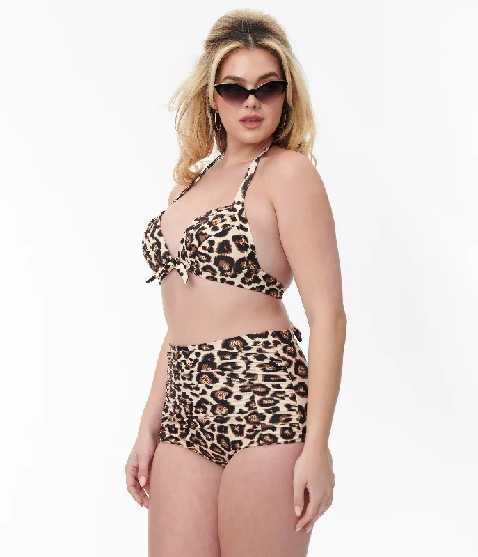 Unique Vintage 1950s Leopard Print Monroe Halter Swim Top