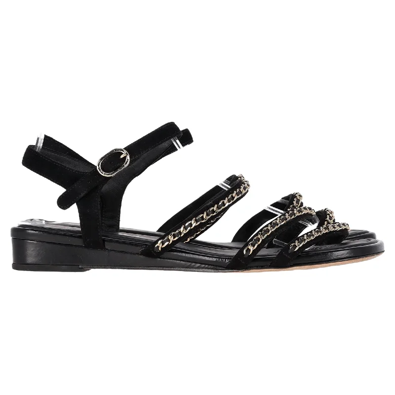 Women's Cork - Soled Espadrille Sandals with a Rope - Trimmed Upper in Navy for a Summer VibeChanel Interlocking CC Logo Chain Strap Flat Sandals in Black Suede Women's Cork - Soled Espadrille Sandals with a Rope - Trimmed Upper in Navy for a Summer VibeChanel Interlocking CC Logo Chain Strap Flat Sandals in Black Suede