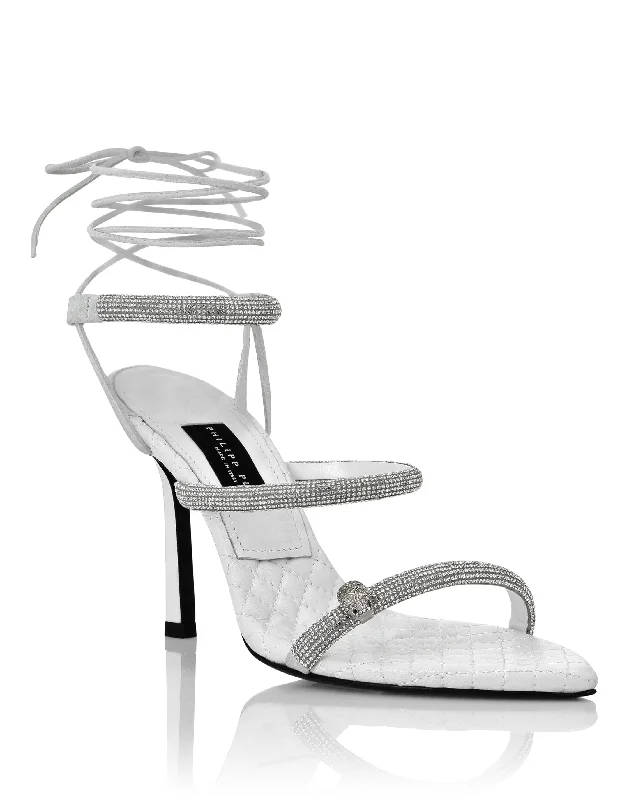 Women's Rhinestone - Embellished Open - Toe Sandals in Silver for a Glamorous Party LookCrystal Lace-up Sandals Women's Rhinestone - Embellished Open - Toe Sandals in Silver for a Glamorous Party LookCrystal Lace-up Sandals
