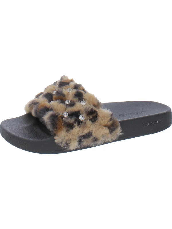 Women's Rhinestone - Embellished Open - Toe Sandals in Silver for a Glamorous Party LookFaryn Womens Faux Fur Slides Slide Sandals