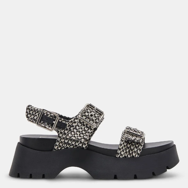 Plus Size Women's Wide - Width Platform Sandals in Black for Added Comfort and HeightPALDA SANDALS BLACK WHITE RAFFIA Plus Size Women's Wide - Width Platform Sandals in Black for Added Comfort and HeightPALDA SANDALS BLACK WHITE RAFFIA