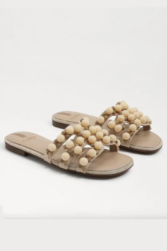 Women's Flat Slide Sandals with a Memory Foam Insole in White for All - Day ComfortWomen's Bay Embellished Slide Sandal In Sand Linen Pom Women's Flat Slide Sandals with a Memory Foam Insole in White for All - Day ComfortWomen's Bay Embellished Slide Sandal In Sand Linen Pom