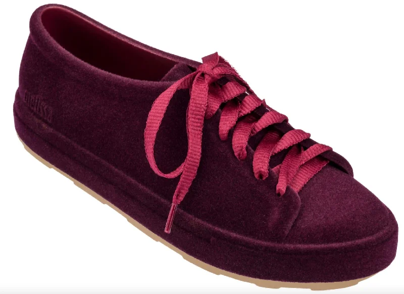 Smart - Tech Women's Sneakers with Fitness Tracking Features for Active Lifestyle EnthusiastsBe Flocked Lace-Up Sneaker In Burgundy Smart - Tech Women's Sneakers with Fitness Tracking Features for Active Lifestyle EnthusiastsBe Flocked Lace-Up Sneaker In Burgundy