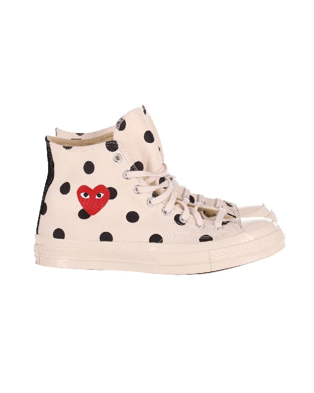 Women's Sneakers with Hidden Wedges for a Subtle Height Boost and Added StyleComme Des Garcons PLAY x Converse Chuck Taylor All Star 70s Polka Dot Hi-Cut Sneakers in White Canvas Women's Sneakers with Hidden Wedges for a Subtle Height Boost and Added StyleComme Des Garcons PLAY x Converse Chuck Taylor All Star 70s Polka Dot Hi-Cut Sneakers in White Canvas