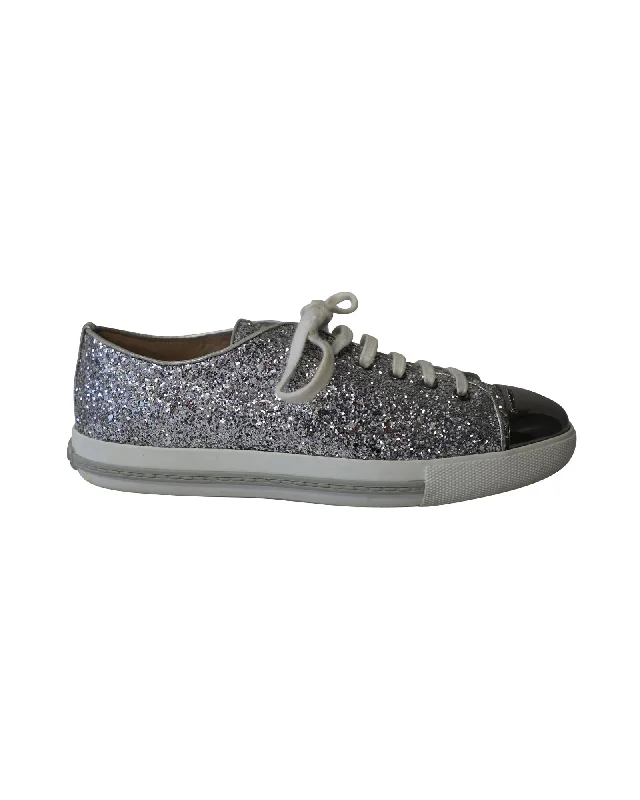Foldable Women's Travel Sneakers for Compact Storage in LuggageMiu Miu Glitter Sneakers in Metallic Silver Leather Foldable Women's Travel Sneakers for Compact Storage in LuggageMiu Miu Glitter Sneakers in Metallic Silver Leather