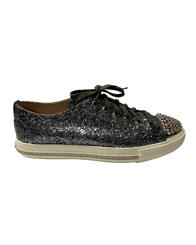Vegan - Friendly Women's Sneakers Made from Recycled Materials for an Eco - Conscious ChoiceMiu Miu Studded Cap Toe Lace-Up Sneakers in Silver Glitter Vegan - Friendly Women's Sneakers Made from Recycled Materials for an Eco - Conscious ChoiceMiu Miu Studded Cap Toe Lace-Up Sneakers in Silver Glitter