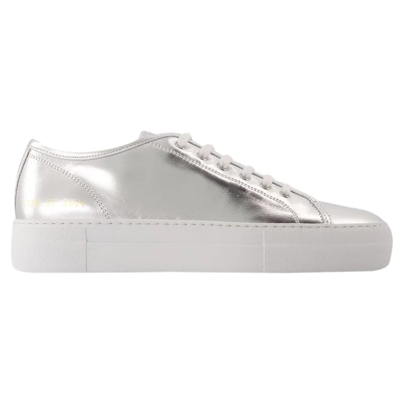 Wide - Width Women's Sneakers for Comfortable Fit for Those with Wider FeetTournament Super Shiny Sneakers - COMMON PROJECTS - Leather - Silver Wide - Width Women's Sneakers for Comfortable Fit for Those with Wider FeetTournament Super Shiny Sneakers - COMMON PROJECTS - Leather - Silver